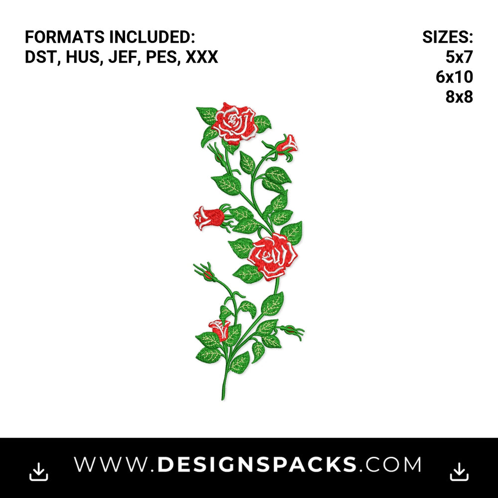 Climbing Red Rose Floral Vine Embroidery Design - Instant digital download pattern at Designspacks.com