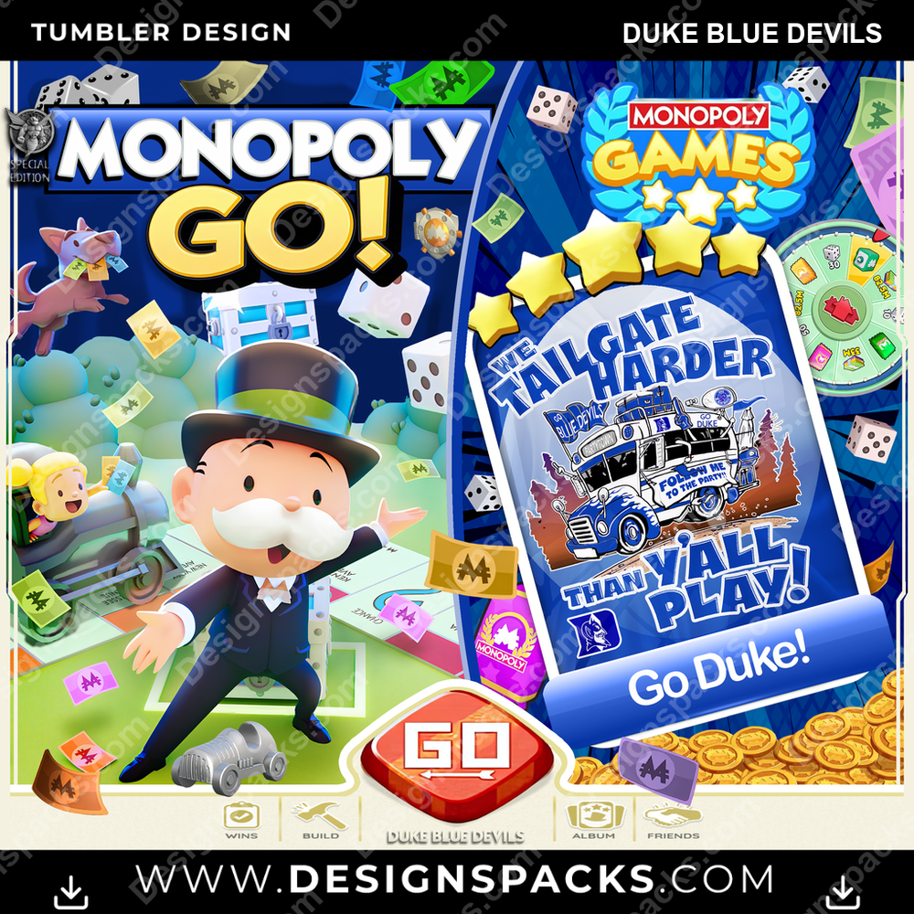 College Sport Monopoly Go! Duke Blue Devils Tumbler Digital Wrap Design