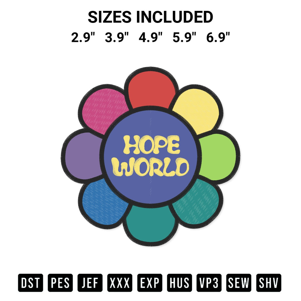 Transform your fabrics with the Hope World Flower Embroidery Design embroidery design. Instant access to premium digitized patterns at Designspacks.com. Available sizes: 2.9", 3.9", 4.9", 5.9", 6.9".