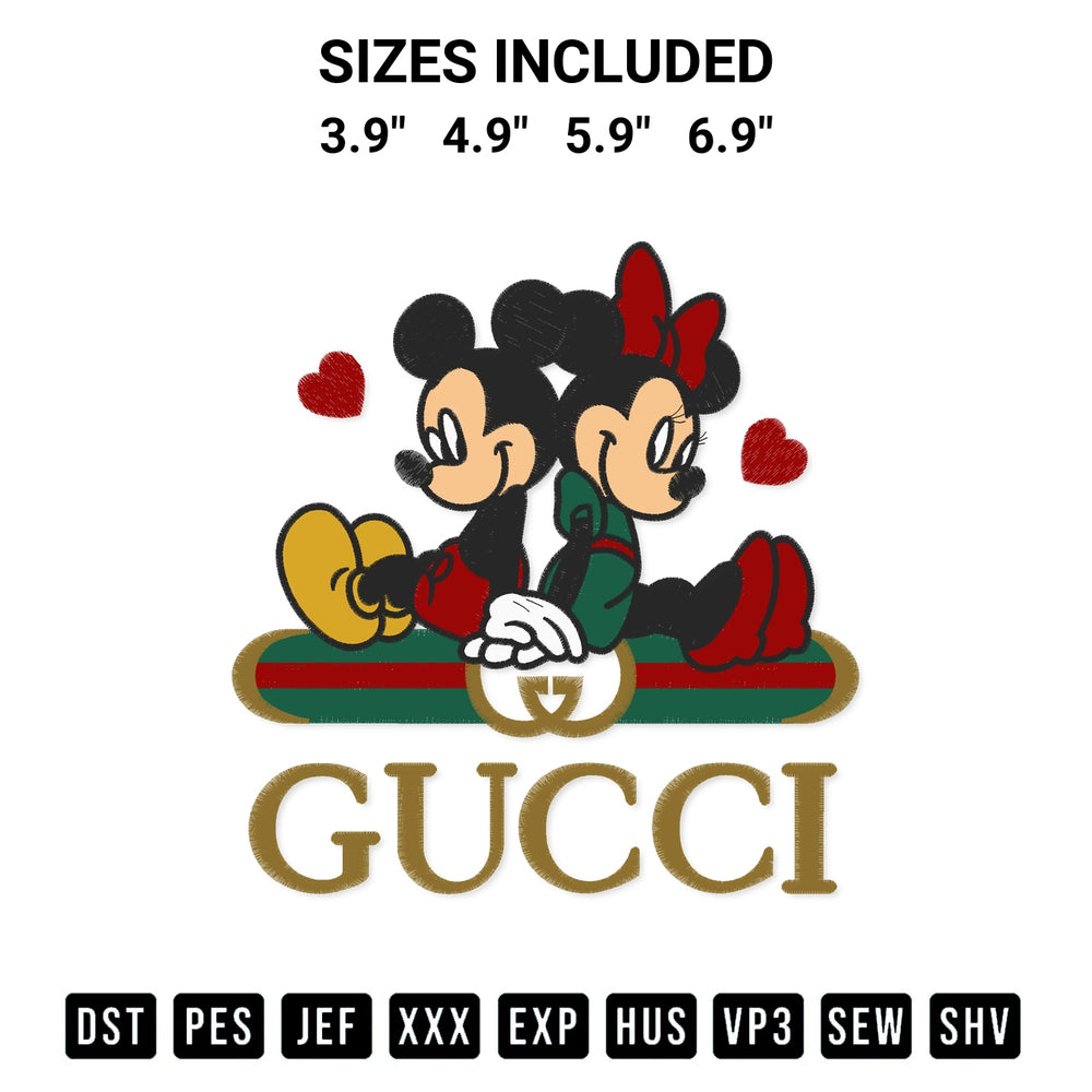 Create amazing crafts with the Gucci Mickey And Minnie Love Embroidery Design embroidery file. High-quality digital download from Designspacks.com, perfect for beginners and pros. Available sizes: 3.9", 4.9", 5.9", 6.9".