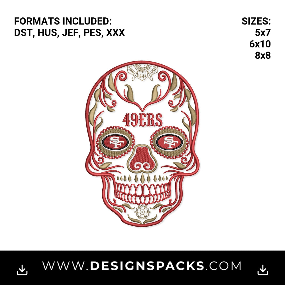San Francisco 49ers Sugar Skull Embroidery Design - Instant digital download pattern at Designspacks.com