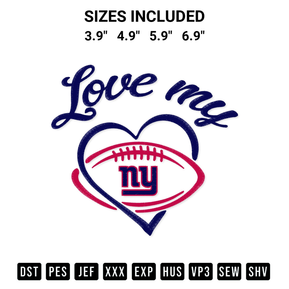 Transform your fabrics with the Love My New York Giants Embroidery Design embroidery design. Instant access to premium digitized patterns at Designspacks.com. Available sizes: 3.9", 4.9", 5.9", 6.9".