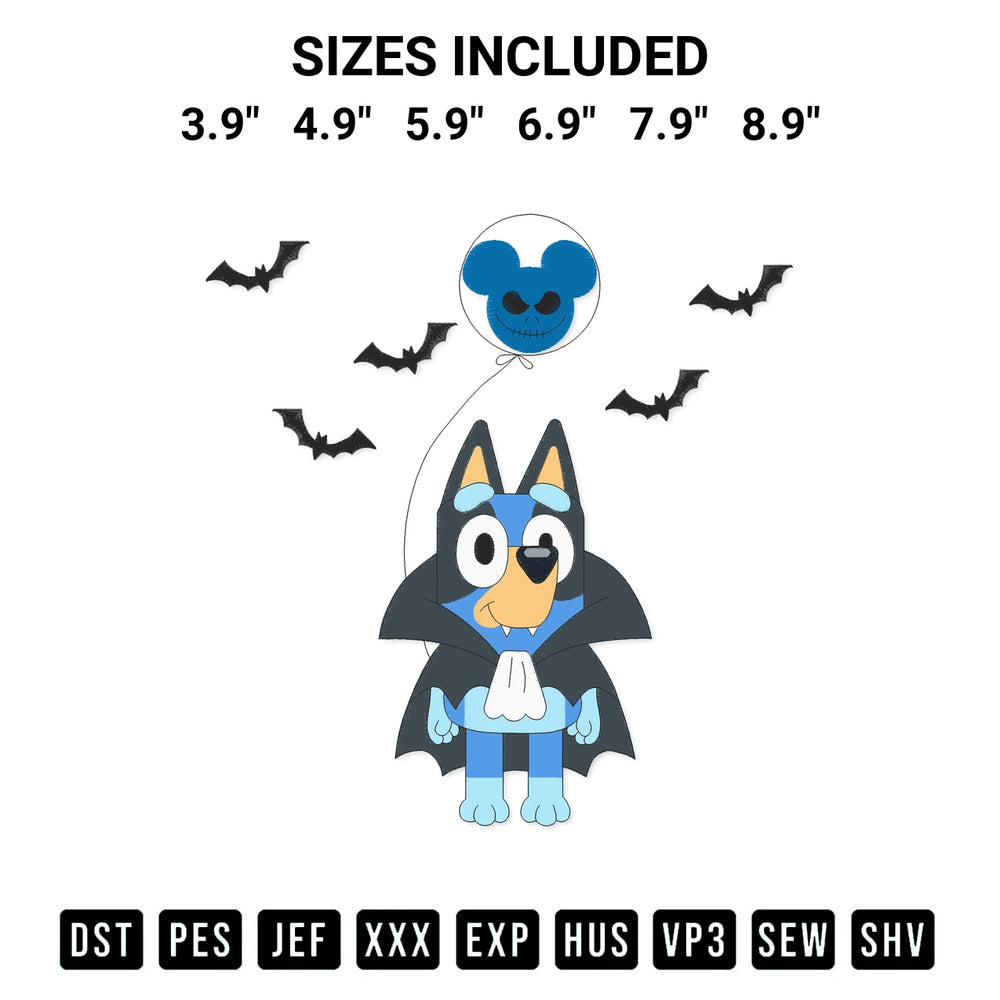 Elevate your next project with our Bluey Vampire Halloween Embroidery Design embroidery file. Shop high-quality digital patterns instantly at Designspacks.com. Available sizes: 3.9", 4.9", 5.9", 6.9", 7.9", 8.9".