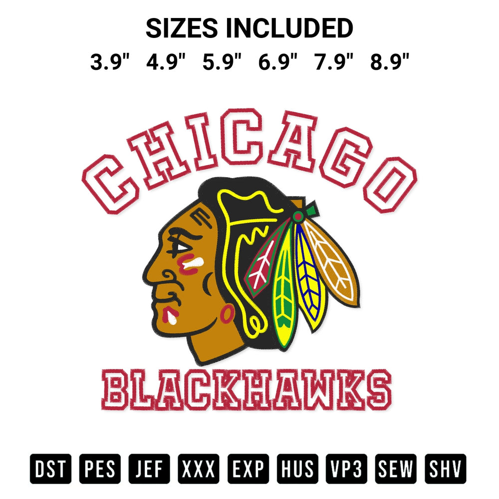 Create amazing crafts with the Chicago Blackhawks Team Embroidery Design embroidery file. High-quality digital download from Designspacks.com, perfect for beginners and pros. Available sizes: 3.9", 4.9", 5.9", 6.9", 7.9", 8.9".