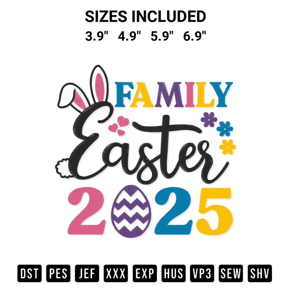 Stitch like a pro with the Family Easter 2025 Embroidery Design embroidery pattern from Designspacks.com. High-quality digital machine embroidery file. Available sizes: 3.9", 4.9", 5.9", 6.9".