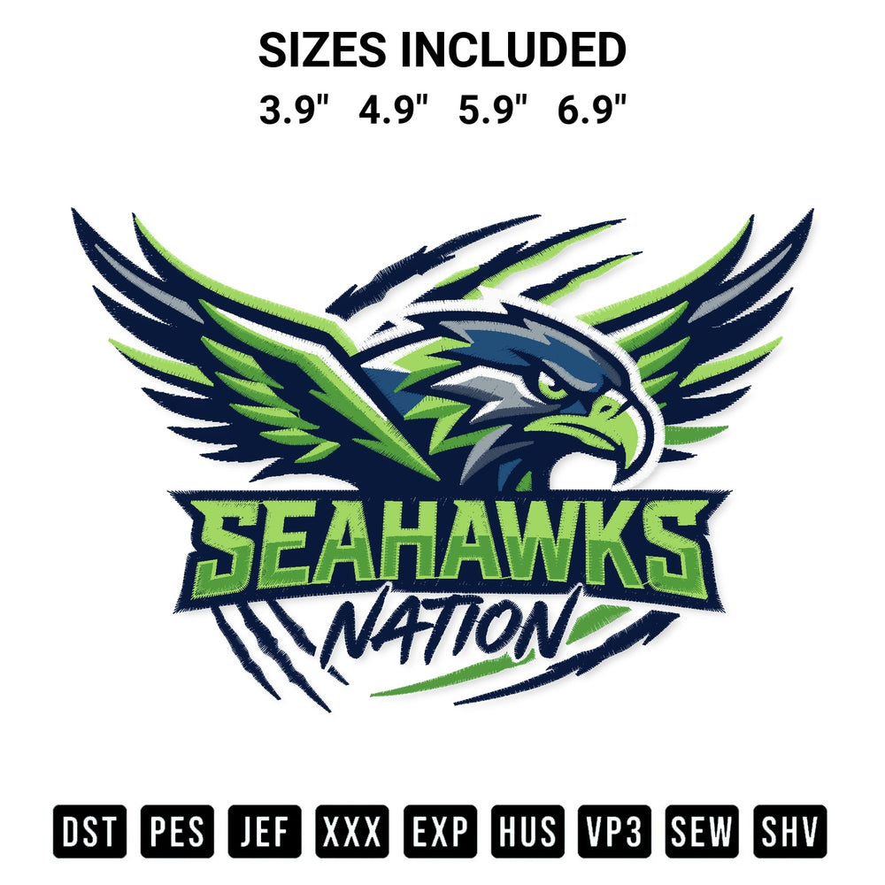Stitch like a pro with the Seahawks Nation Embroidery Design embroidery pattern from Designspacks.com. High-quality digital machine embroidery file. Available sizes: 3.9", 4.9", 5.9", 6.9".