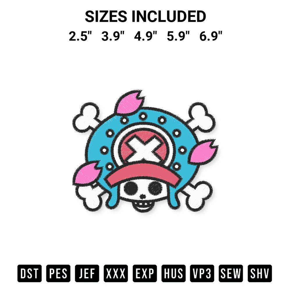 Download the Tony Tony Chopper Jolly Roger Embroidery Design machine embroidery design exclusively at Designspacks.com. Premium digitized pattern for apparel and DIY crafts. Available sizes: 2.5", 3.9", 4.9", 5.9", 6.9".