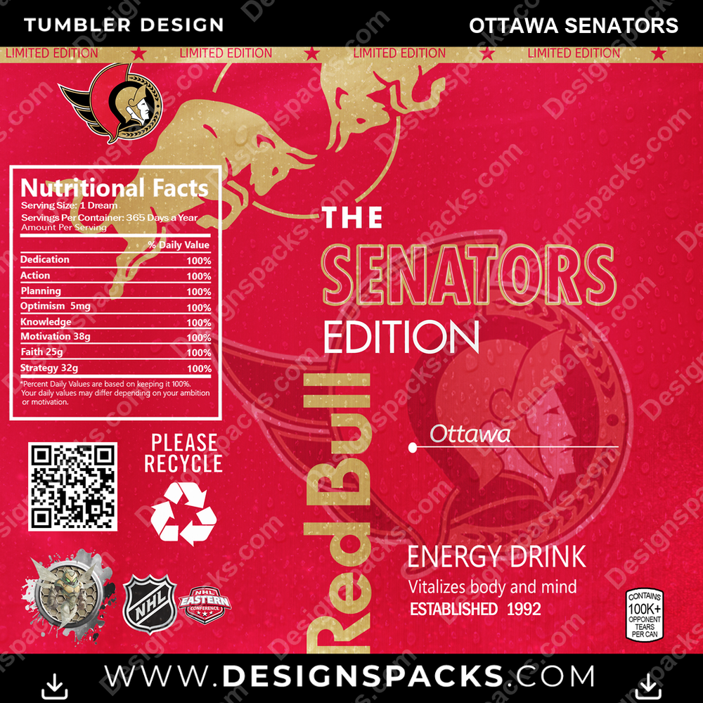 Ice Hockey Red Bull Ottawa Senators NHL Hockey Tumbler Digital Wrap Design Download
