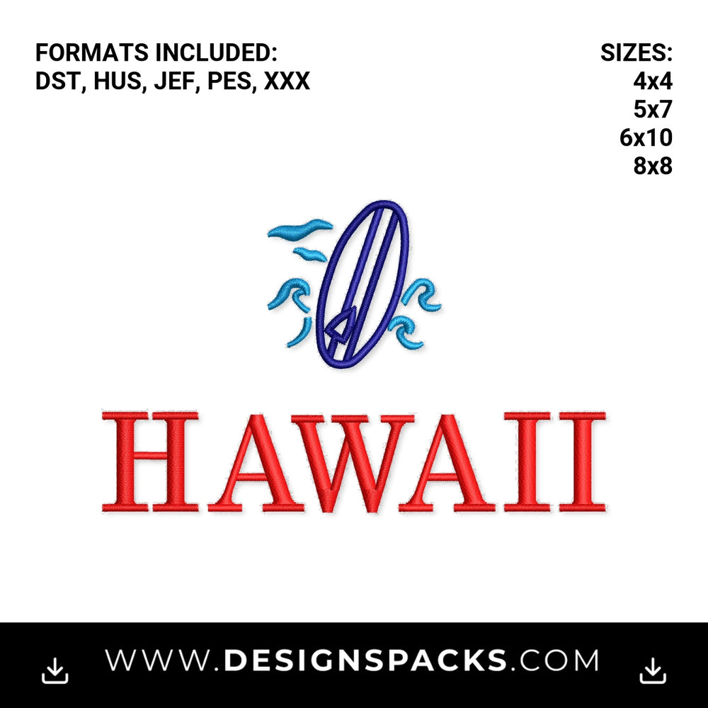 Hawaii Surfboard and Ocean Waves Embroidery Design - Instant digital download pattern at Designspacks.com