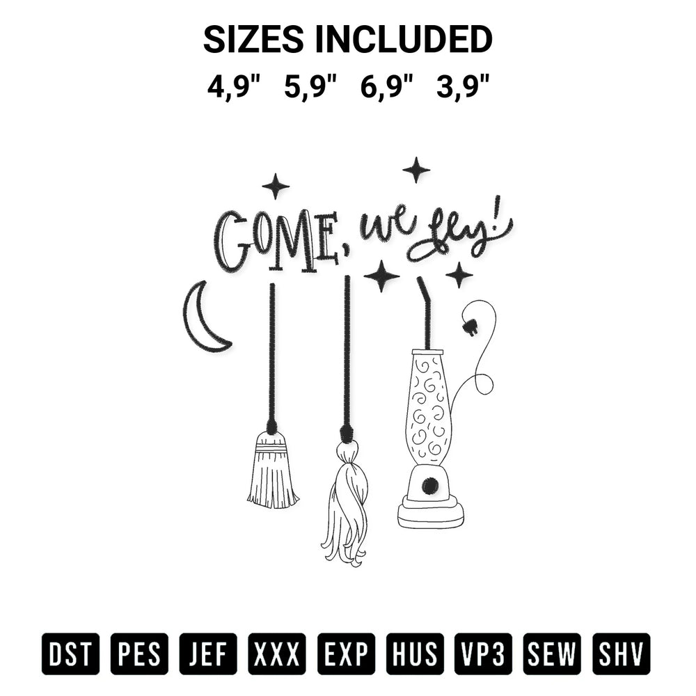 Add a unique touch to your apparel with the Come We Fly Hocus Pocus Logo Embroidery Design embroidery file. Premium instant download available now on Designspacks.com. Available sizes: 4,9", 5,9", 6,9", 3,9".