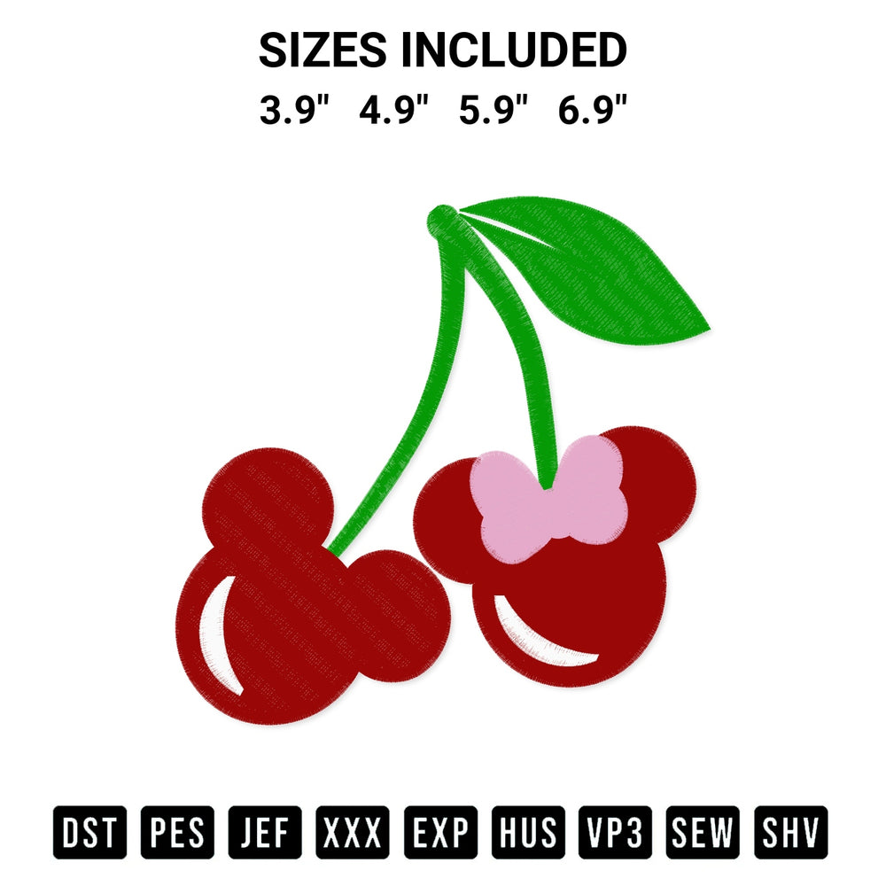 Add a unique touch to your apparel with the Cherry Mickey And Minnie Ears Embroidery Design embroidery file. Premium instant download available now on Designspacks.com. Available sizes: 3.9", 4.9", 5.9", 6.9".