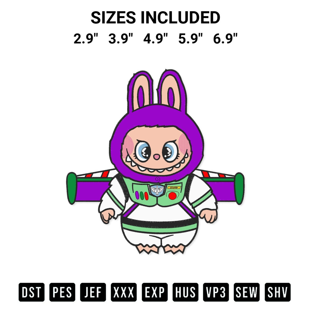 Create amazing crafts with the Labubu Buzz Lightyear Embroidery Design embroidery file. High-quality digital download from Designspacks.com, perfect for beginners and pros. Available sizes: 2.9", 3.9", 4.9", 5.9", 6.9".