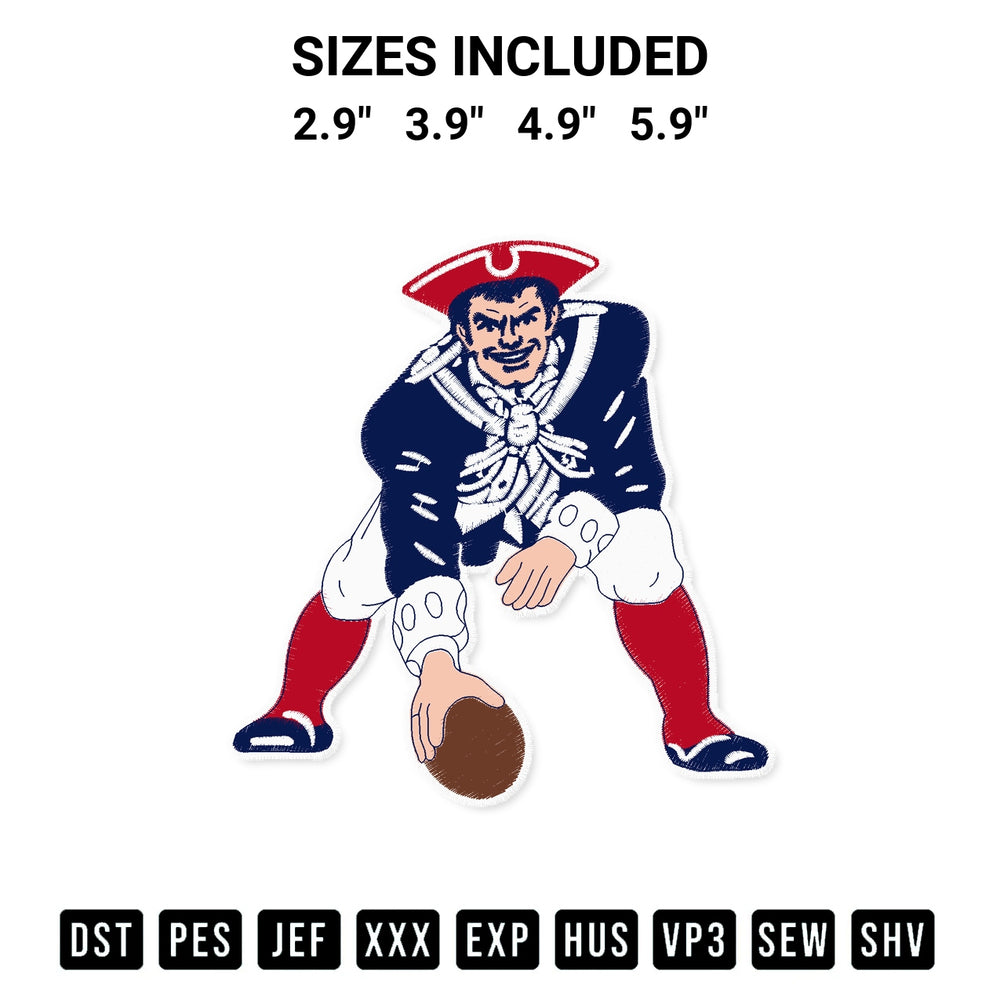 Download the New England Patriots Mascot Embroidery Design machine embroidery design exclusively at Designspacks.com. Premium digitized pattern for apparel and DIY crafts. Available sizes: 2.9", 3.9", 4.9", 5.9".
