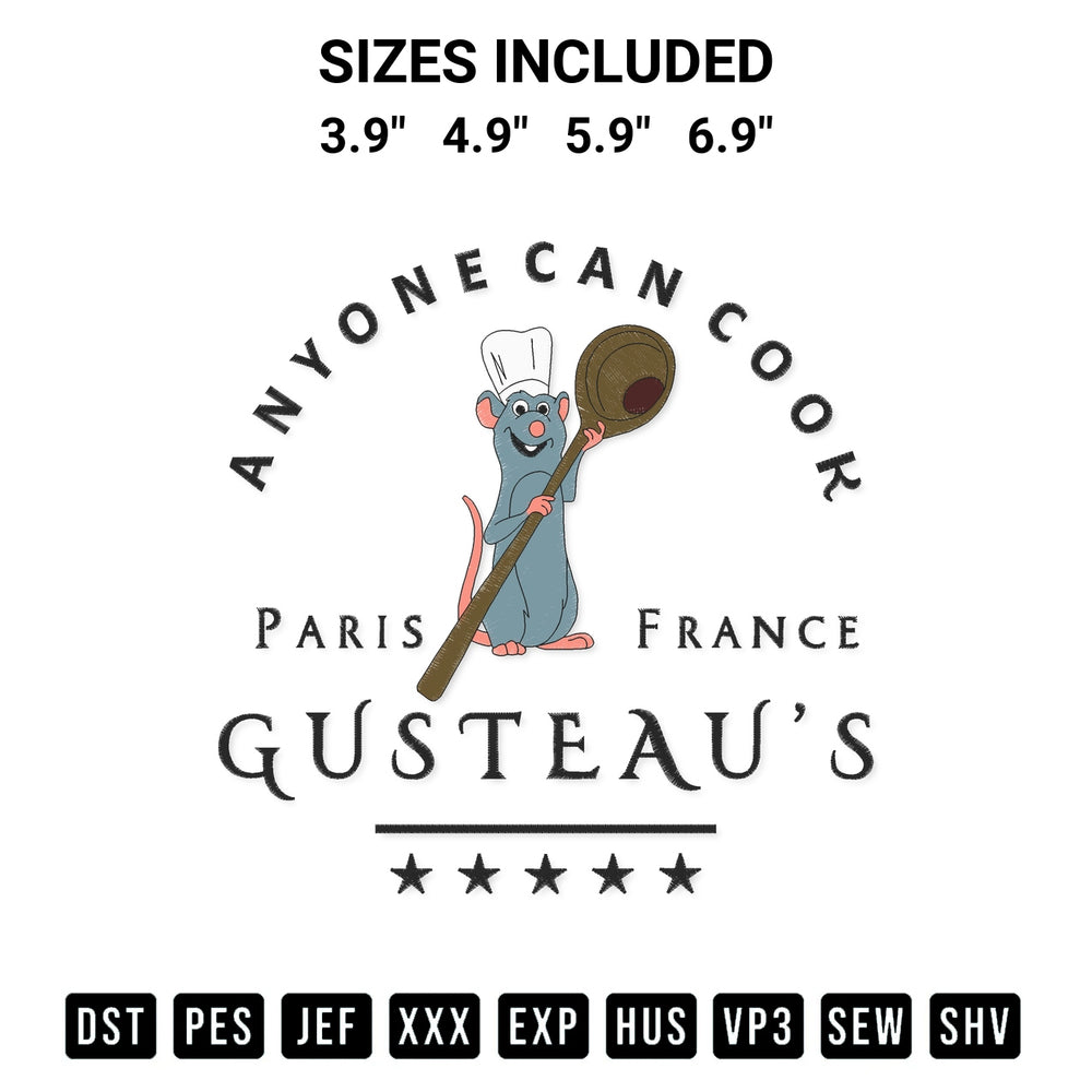 Looking for the perfect pattern? Download the Ratatouille Disney Remy Mouse Chef Embroidery Design embroidery design today at Designspacks.com. Crisp, clean stitching guaranteed. Available sizes: 3.9", 4.9", 5.9", 6.9".