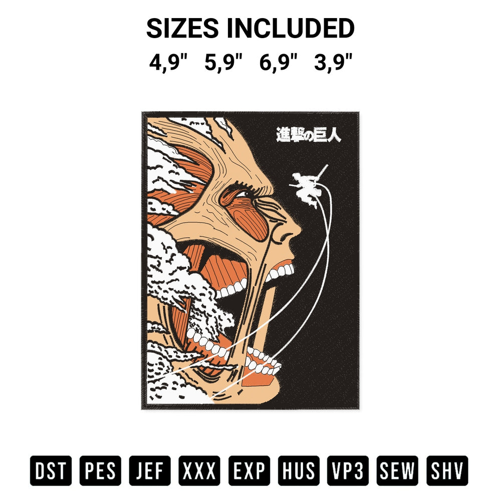 Create amazing crafts with the Shingeki No Kyojin Attack On Titan Logo Embroidery Design embroidery file. High-quality digital download from Designspacks.com, perfect for beginners and pros. Available sizes: 4,9", 5,9", 6,9", 3,9".