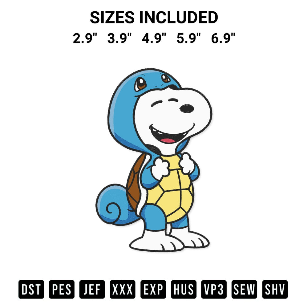 Create amazing crafts with the Snoopy As Squirtle Embroidery Design embroidery file. High-quality digital download from Designspacks.com, perfect for beginners and pros. Available sizes: 2.9", 3.9", 4.9", 5.9", 6.9".