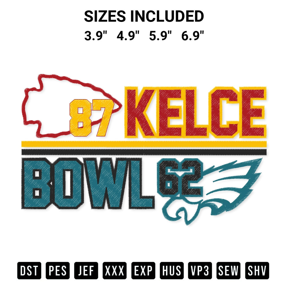 Create amazing crafts with the Kelce Bowl 2023 Embroidery Design embroidery file. High-quality digital download from Designspacks.com, perfect for beginners and pros. Available sizes: 3.9", 4.9", 5.9", 6.9".