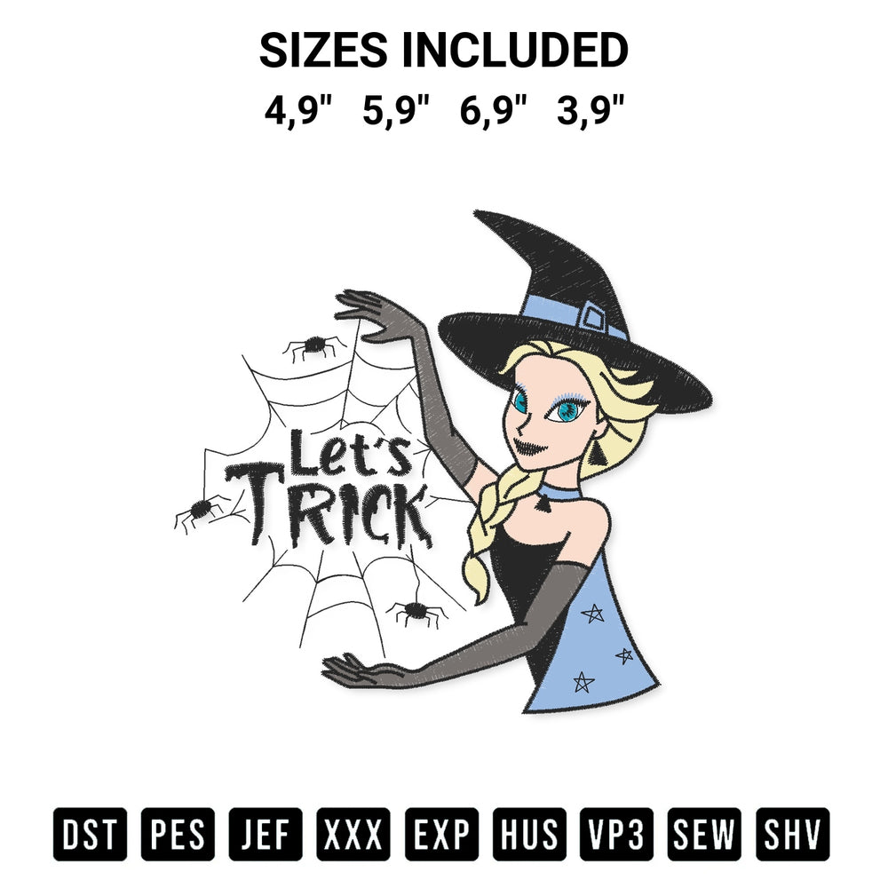 Create amazing crafts with the Elsa Witch Lets Trick Disney Halloween Frozen Elsa Princess Halloween Logo Embroidery Design embroidery file. High-quality digital download from Designspacks.com, perfect for beginners and pros. Available sizes: 4,9", 5,9", 6,9", 3,9".