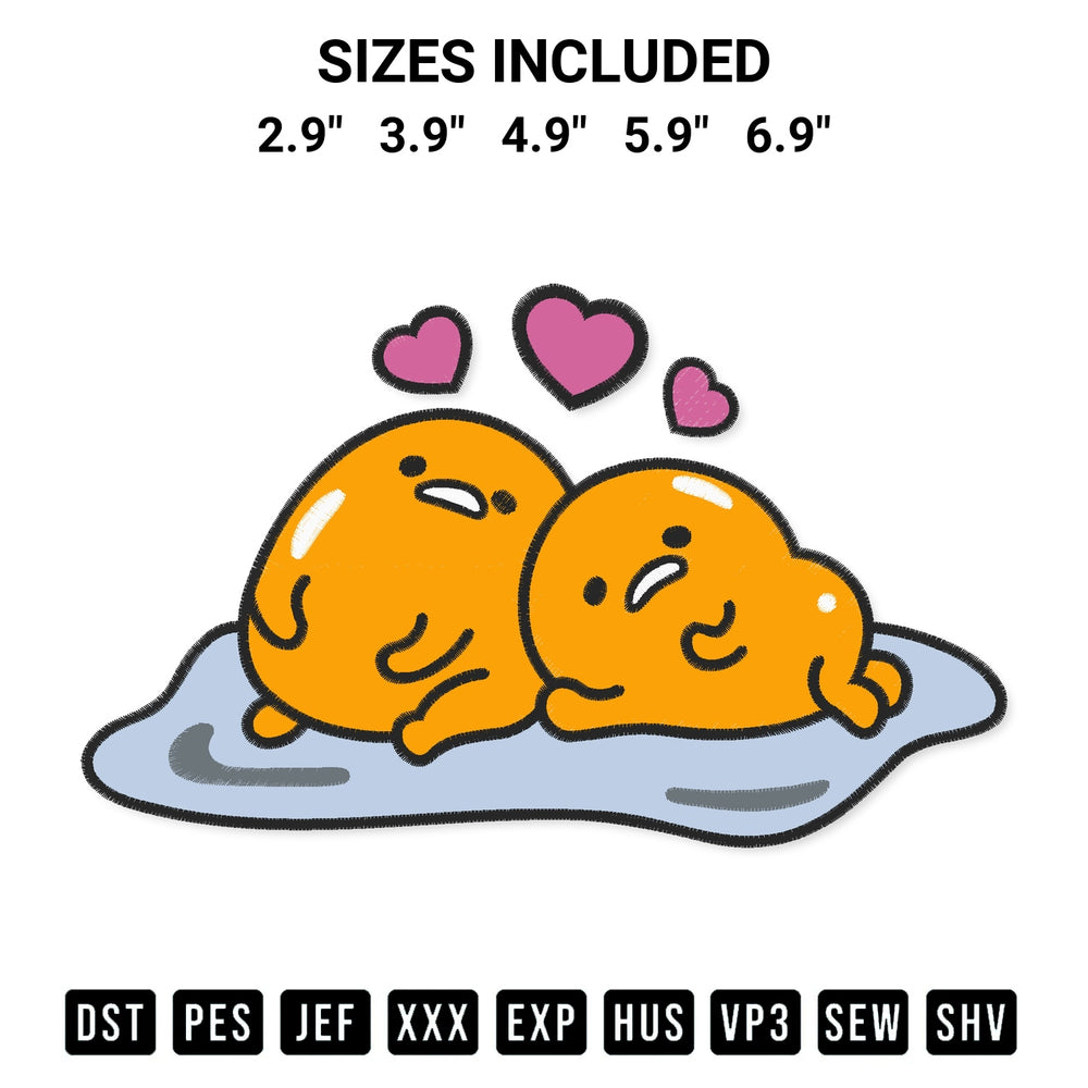 Add a unique touch to your apparel with the Gudetama With Girlfriend Embroidery Design embroidery file. Premium instant download available now on Designspacks.com. Available sizes: 2.9", 3.9", 4.9", 5.9", 6.9".