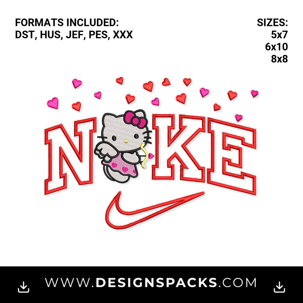 Hello Kitty Angel Nike Swoosh Hearts Embroidery Design - Instant digital download pattern at Designspacks.com