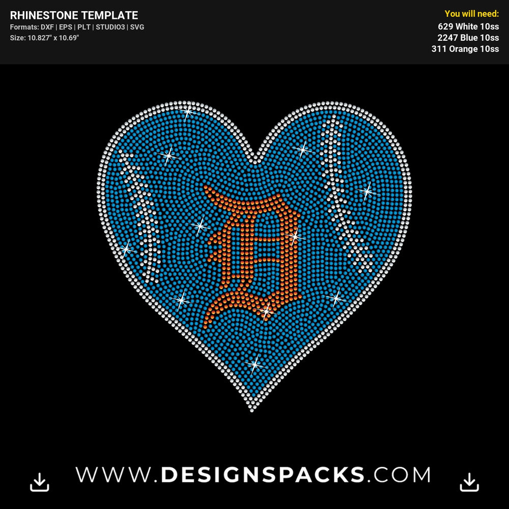 Detroit Baseball Heart Rhinestone Digital Template