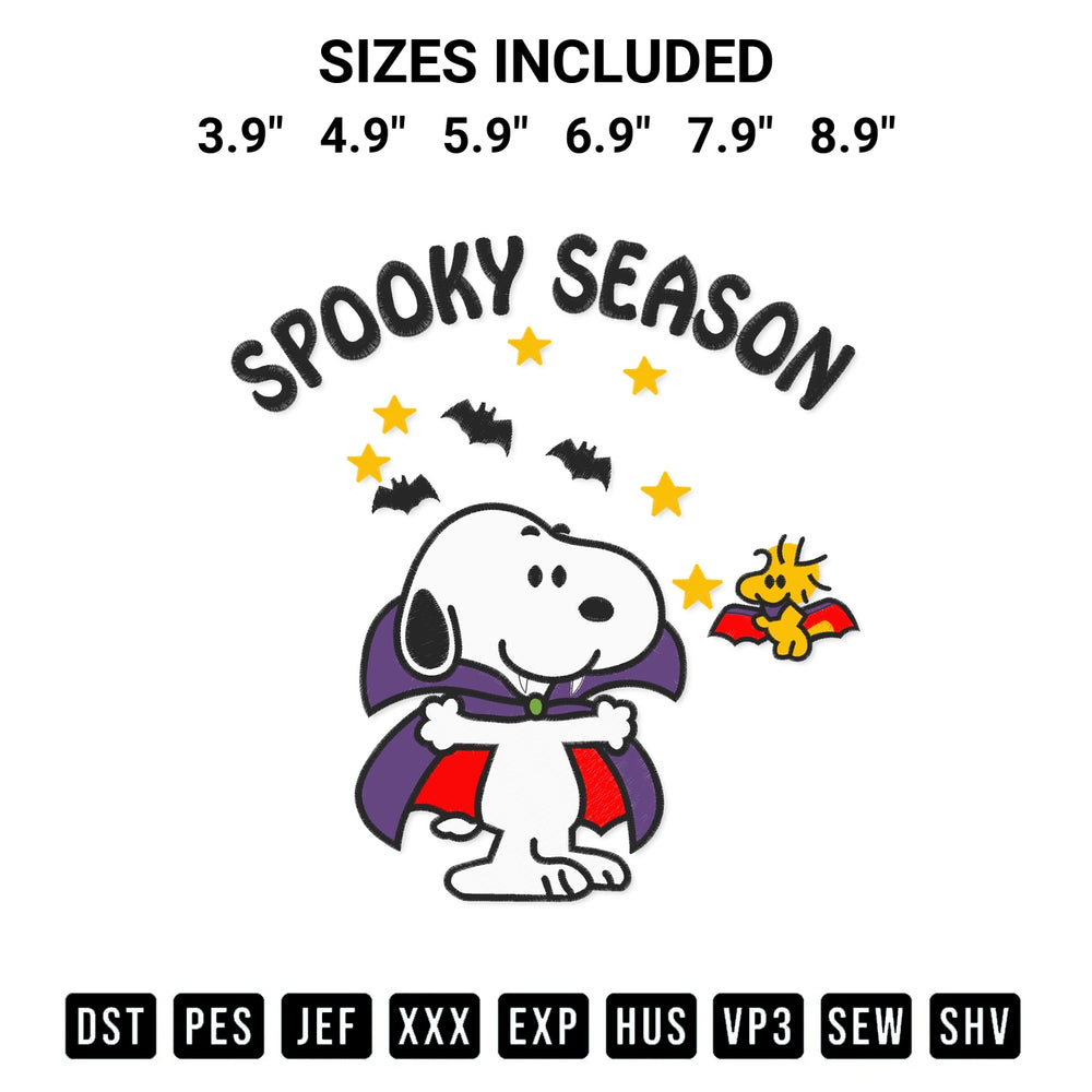 Stitch like a pro with the Spooky Season Snoopy Embroidery Design embroidery pattern from Designspacks.com. High-quality digital machine embroidery file. Available sizes: 3.9", 4.9", 5.9", 6.9", 7.9", 8.9".