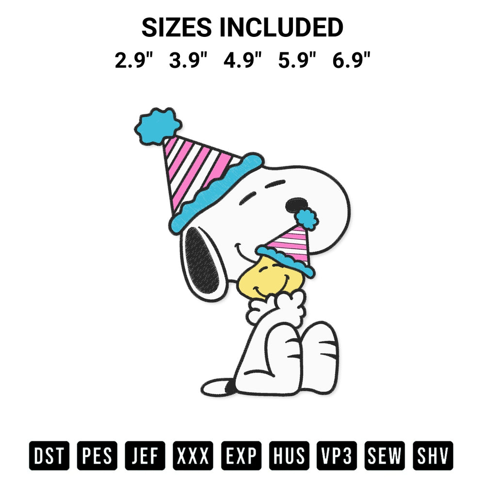 Create amazing crafts with the Snoopy Hugging Woodstock With Party Embroidery Design embroidery file. High-quality digital download from Designspacks.com, perfect for beginners and pros. Available sizes: 2.9", 3.9", 4.9", 5.9", 6.9".
