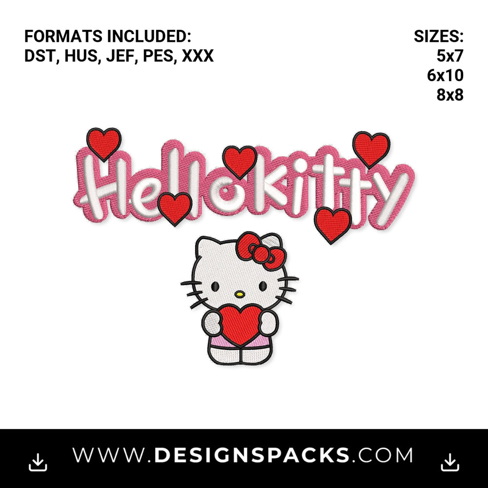 Hello Kitty with Valentine Hearts Embroidery Design - Instant digital download pattern at Designspacks.com