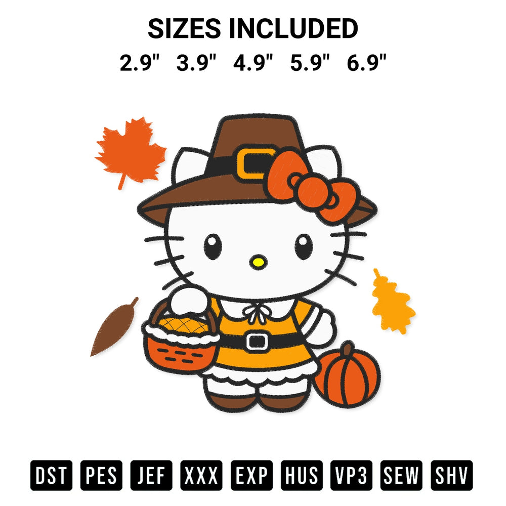 Add a unique touch to your apparel with the Hello Kitty Thanksgiving Embroidery Design embroidery file. Premium instant download available now on Designspacks.com. Available sizes: 2.9", 3.9", 4.9", 5.9", 6.9".