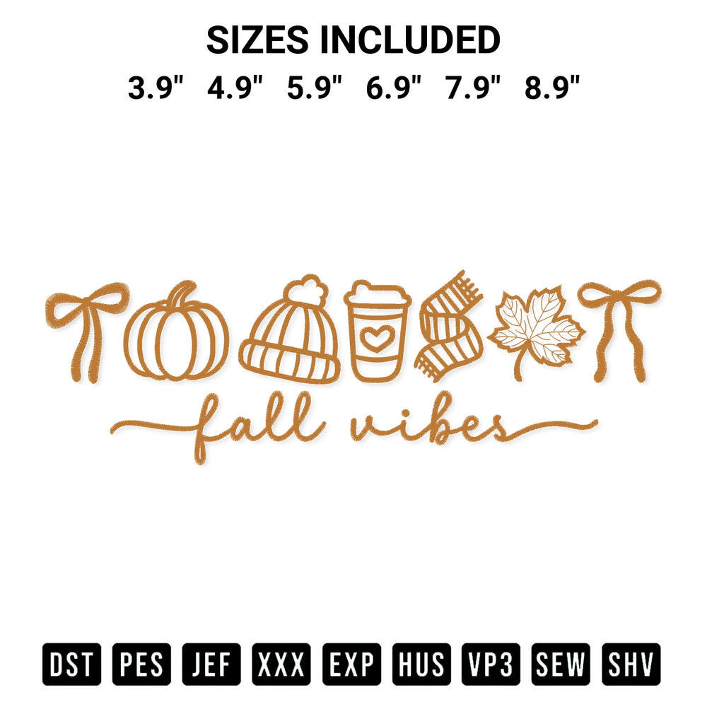 Elevate your next project with our Fall Vibes Autumn Embroidery Design embroidery file. Shop high-quality digital patterns instantly at Designspacks.com. Available sizes: 3.9", 4.9", 5.9", 6.9", 7.9", 8.9".