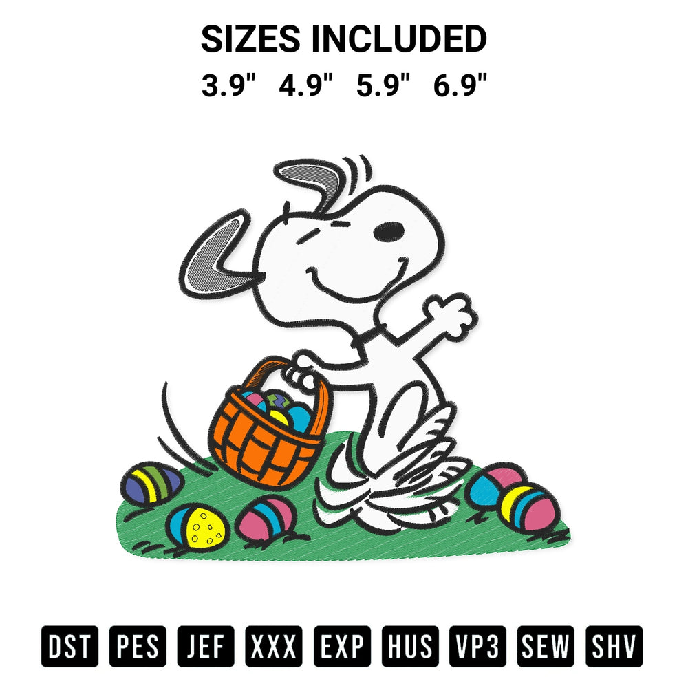 Discover the perfect addition to your crafting collection: Snoopy Happy Easter Day Embroidery Design embroidery file. Instantly available at Designspacks.com. Available sizes: 3.9", 4.9", 5.9", 6.9".