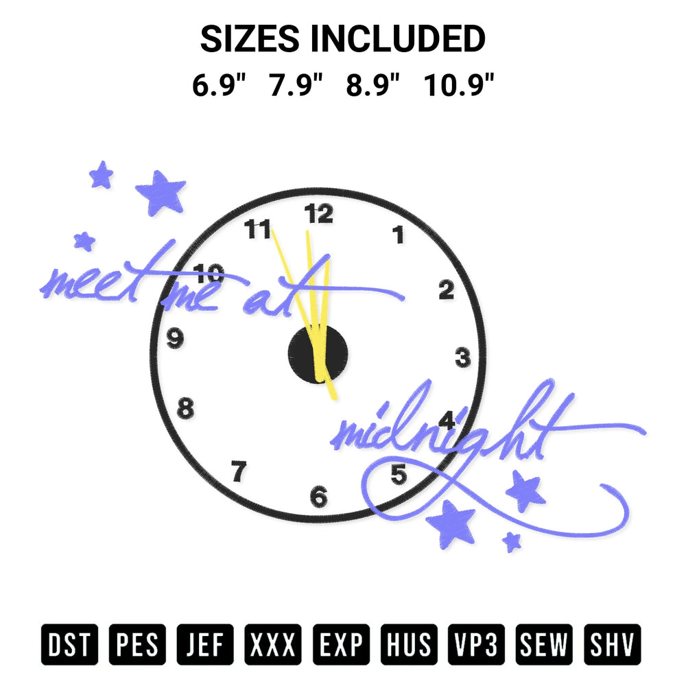 Discover the perfect addition to your crafting collection: Meet Me At Midnight Embroidery Design embroidery file. Instantly available at Designspacks.com. Available sizes: 6.9", 7.9", 8.9", 10.9".