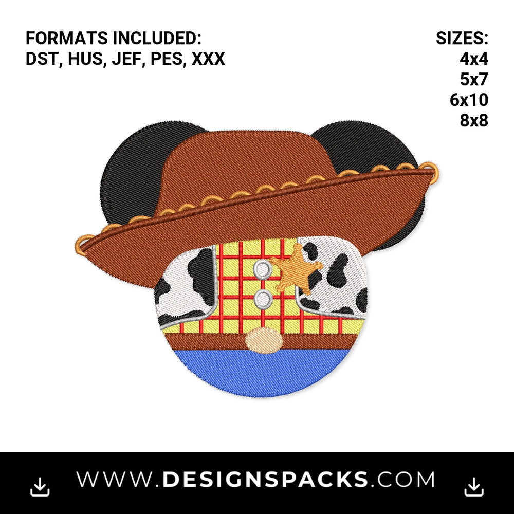 Woody Cowboy Sheriff Mouse Ears Embroidery Design - Instant digital download pattern at Designspacks.com