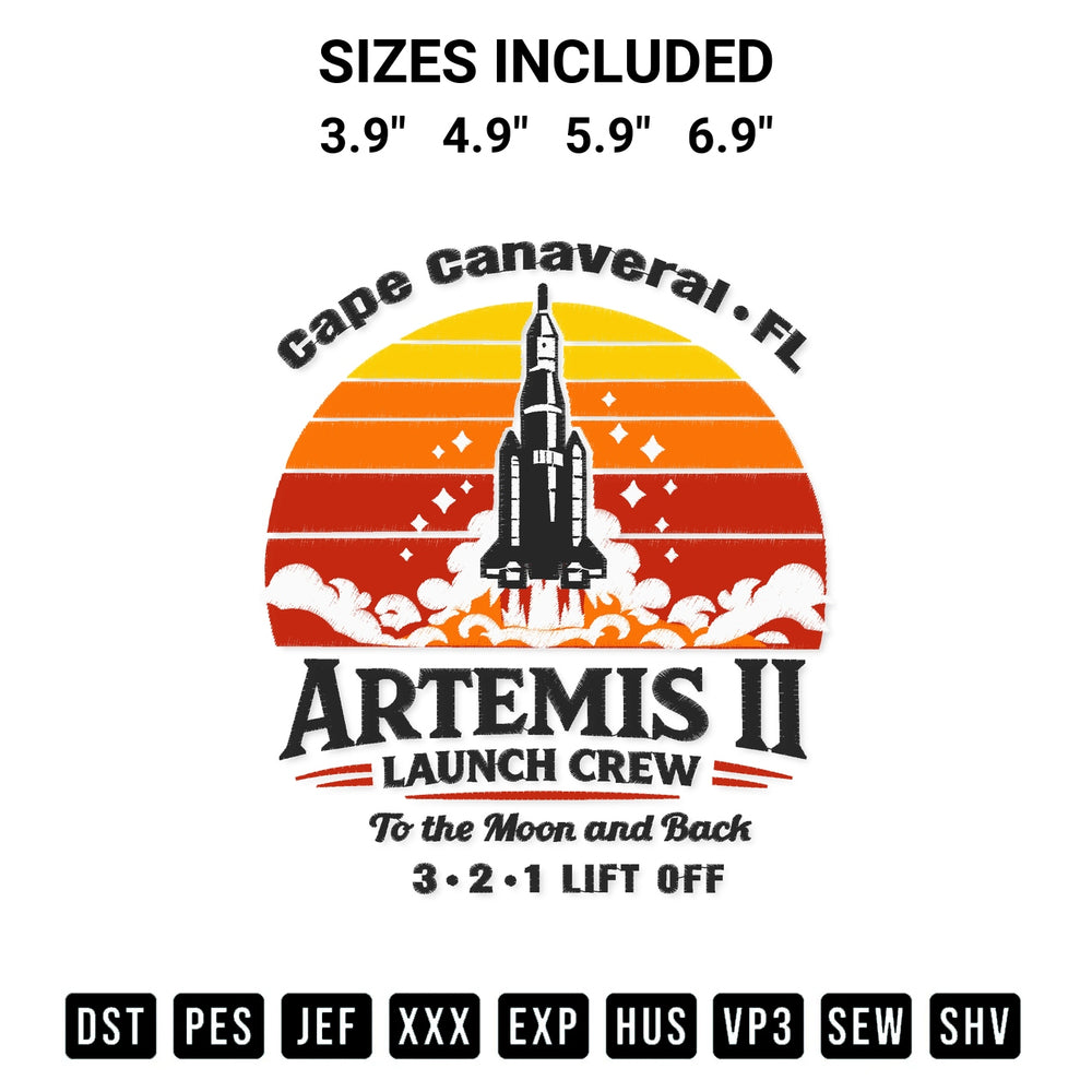 Discover the perfect addition to your crafting collection: Artemis Ii Launch Crew Embroidery Design embroidery file. Instantly available at Designspacks.com. Available sizes: 3.9", 4.9", 5.9", 6.9".