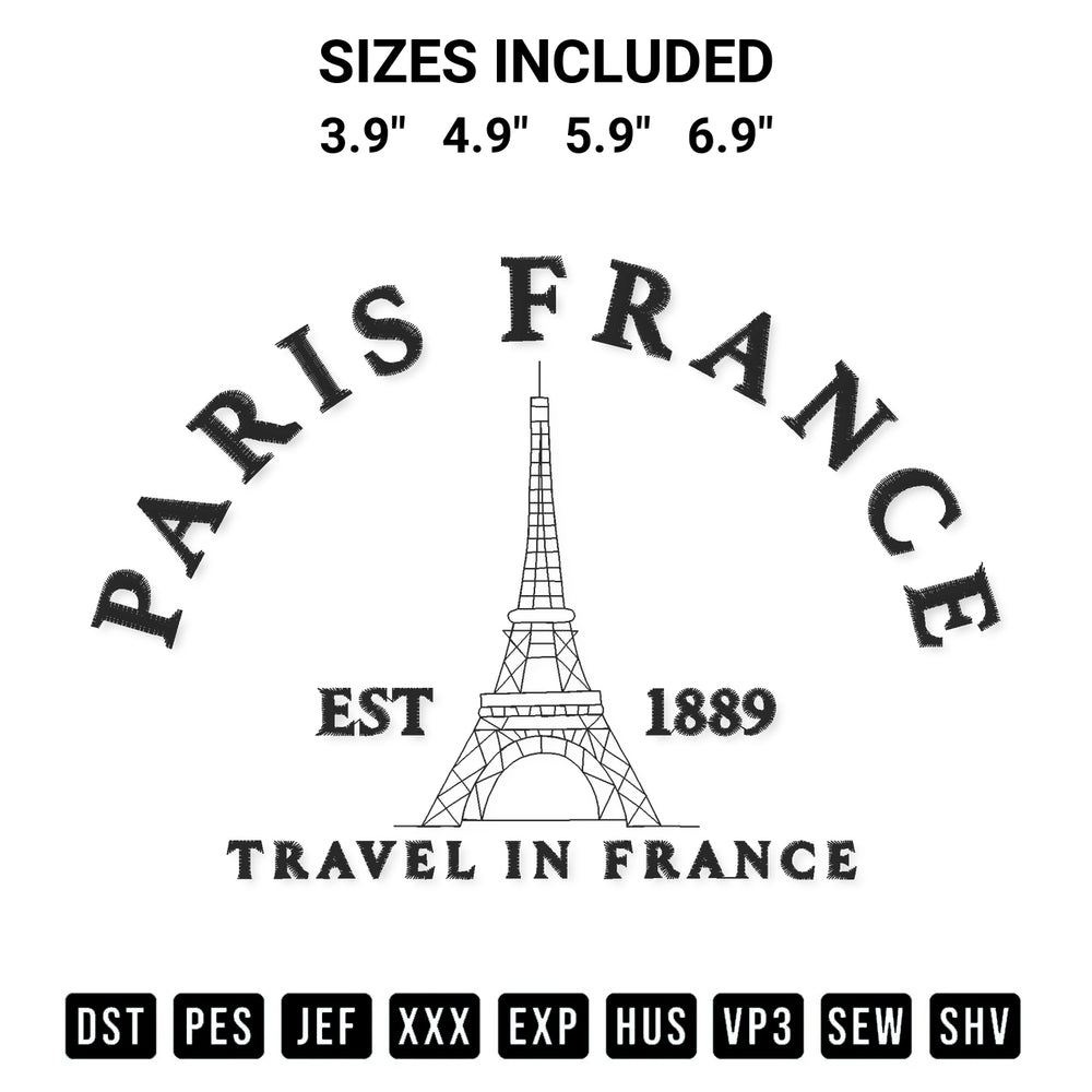 Shop the Paris France Embroidery Design machine embroidery pattern at Designspacks.com. Beautifully digitized for flawless stitching on any fabric. Available sizes: 3.9", 4.9", 5.9", 6.9".