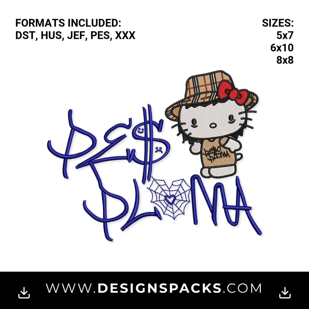 Peso Pluma Hello Kitty Graffiti Logo Embroidery Design - Instant digital download pattern at Designspacks.com