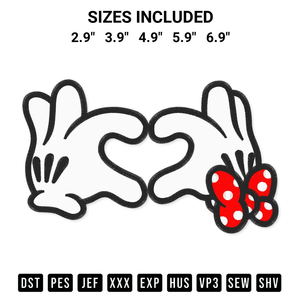Get the Mickey And Minnie Heart Hand Embroidery Design embroidery design for your custom crafts! Premium digitized files available for instant download at Designspacks.com. Available sizes: 2.9", 3.9", 4.9", 5.9", 6.9".