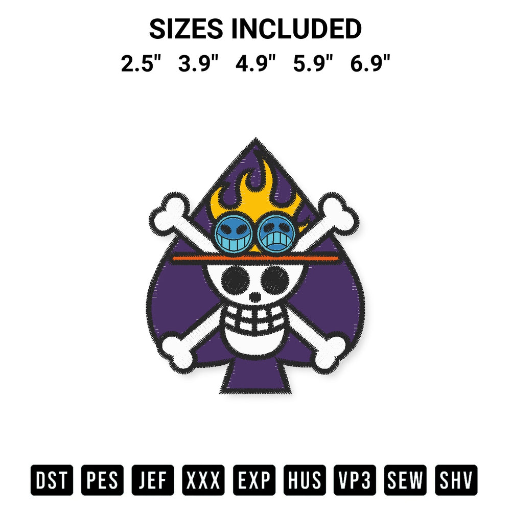Get the Spade Pirates Jolly Roger Embroidery Design embroidery design for your custom crafts! Premium digitized files available for instant download at Designspacks.com. Available sizes: 2.5", 3.9", 4.9", 5.9", 6.9".