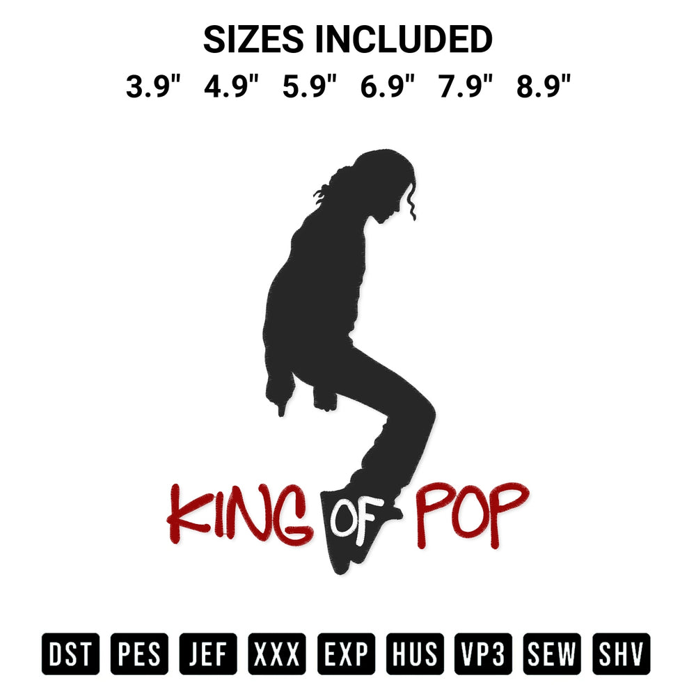 Add a unique touch to your apparel with the King Of Pop Embroidery Design embroidery file. Premium instant download available now on Designspacks.com. Available sizes: 3.9", 4.9", 5.9", 6.9", 7.9", 8.9".