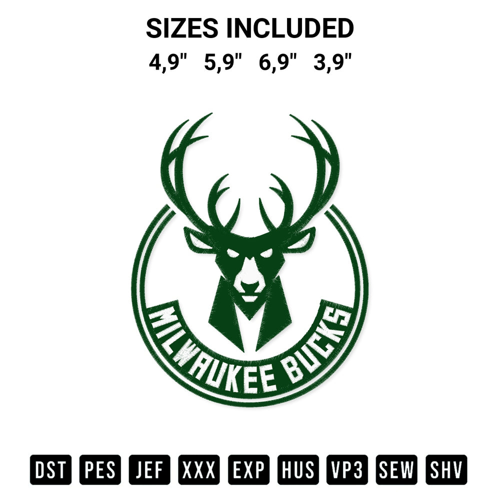 Add a unique touch to your apparel with the Milwaukee Bucks Logo Embroidery Design embroidery file. Premium instant download available now on Designspacks.com. Available sizes: 4,9", 5,9", 6,9", 3,9".