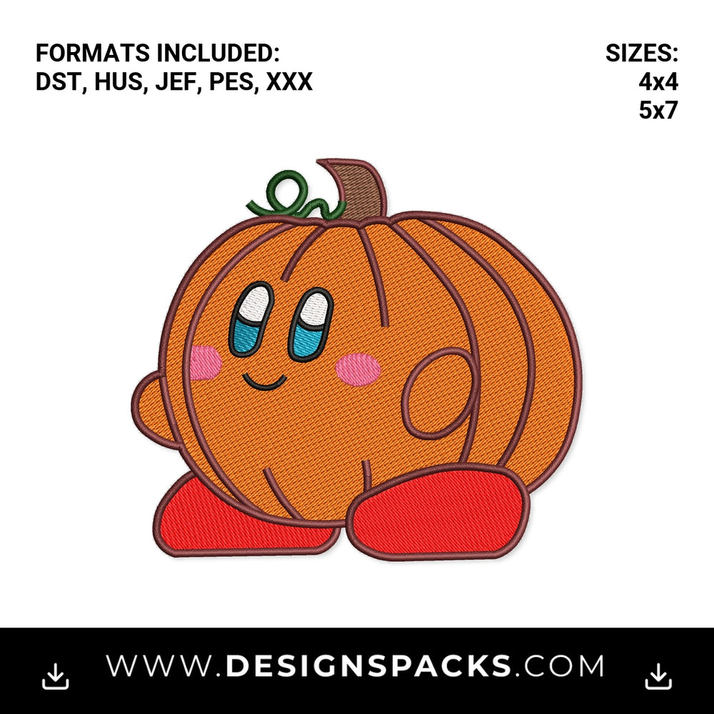 Cute Pumpkin Kirby Halloween Embroidery Design - Instant digital download pattern at Designspacks.com