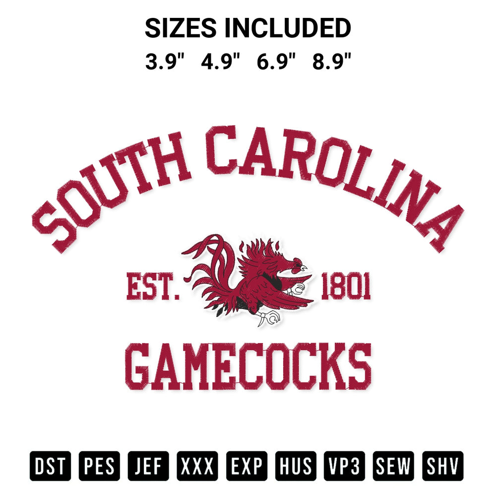 Looking for the perfect pattern? Download the South Carolina Gamecocks Est 1801 Embroidery Design embroidery design today at Designspacks.com. Crisp, clean stitching guaranteed. Available sizes: 3.9", 4.9", 6.9", 8.9".