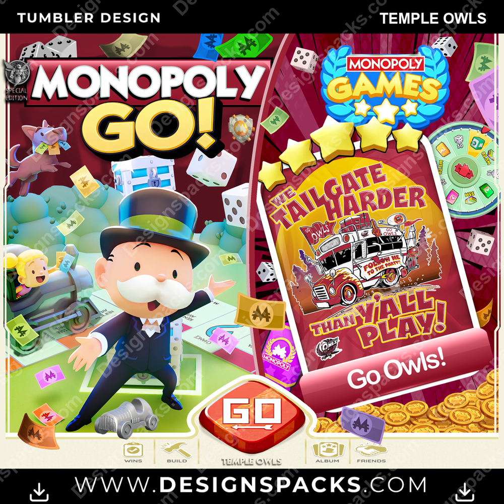College Sport Monopoly Go! Temple Owls NCAA College Sport Tumbler Digital Wrap Design Download