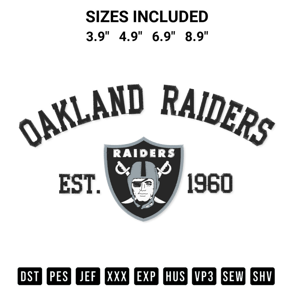 Add a unique touch to your apparel with the Oakland Raiders Est 1960 Embroidery Design embroidery file. Premium instant download available now on Designspacks.com. Available sizes: 3.9", 4.9", 6.9", 8.9".