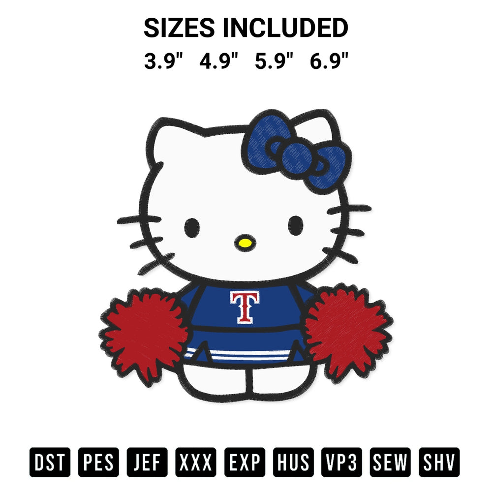 Discover the perfect addition to your crafting collection: Texas Rangers Hello Kitty Cheerleader Embroidery Design embroidery file. Instantly available at Designspacks.com. Available sizes: 3.9", 4.9", 5.9", 6.9".