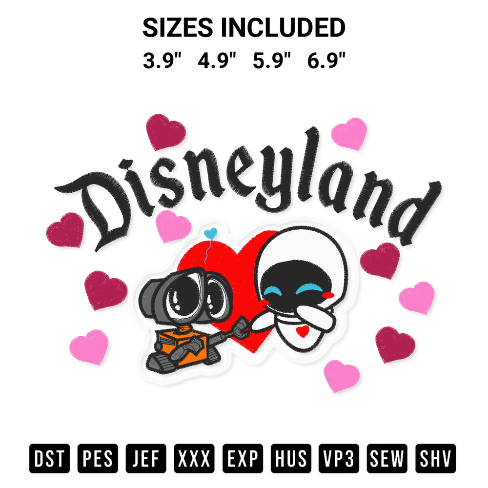 Stitch like a pro with the Disneyland Wall E And Eve Valentine Embroidery Design embroidery pattern from Designspacks.com. High-quality digital machine embroidery file. Available sizes: 3.9", 4.9", 5.9", 6.9".
