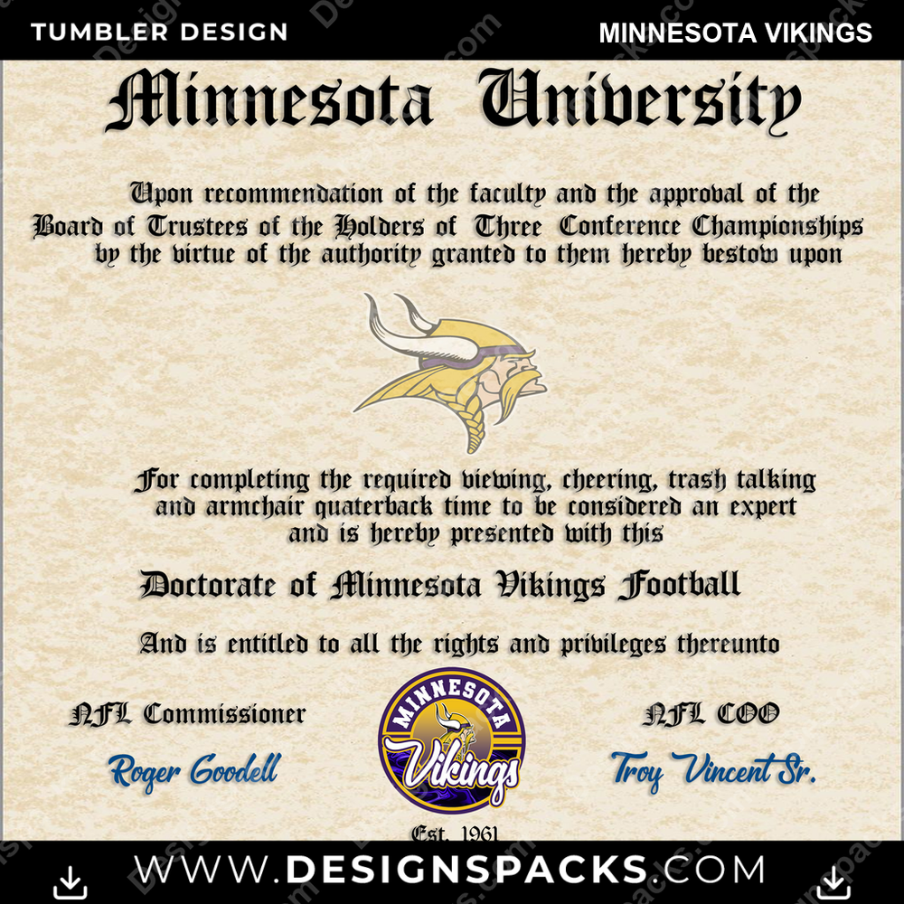 Football Diploma Minnesota Vikings Tumbler Digital Wrap Design