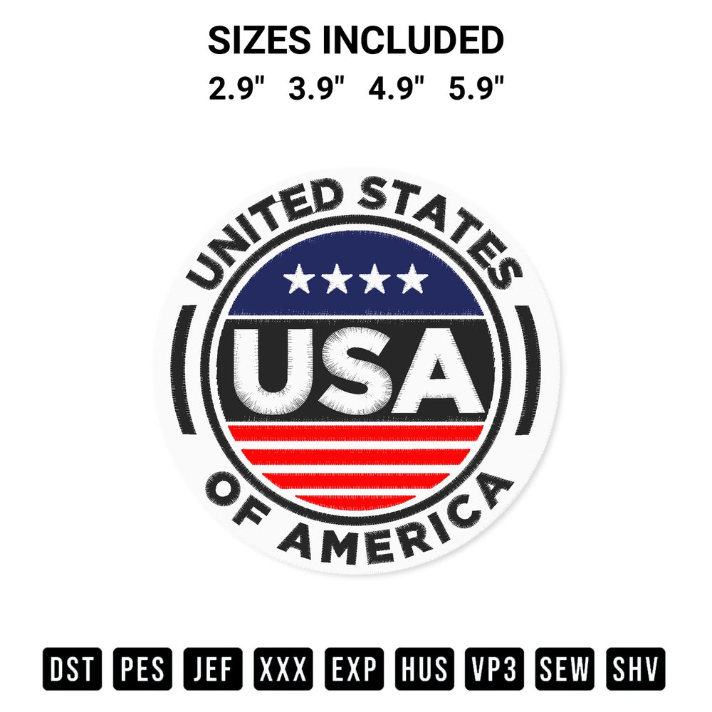 Get the United States Of America Circle Embroidery Design embroidery design for your custom crafts! Premium digitized files available for instant download at Designspacks.com. Available sizes: 2.9", 3.9", 4.9", 5.9".