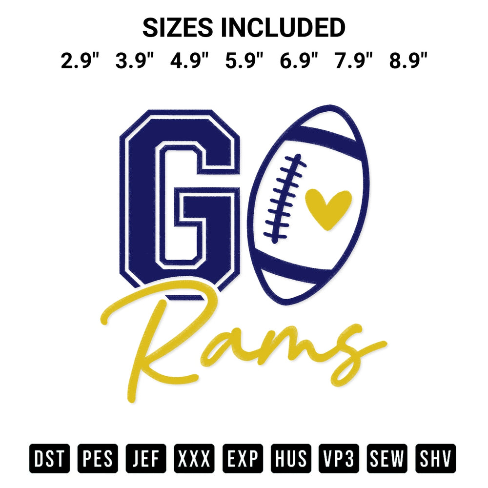 Elevate your next project with our Go Rams Football Embroidery Design embroidery file. Shop high-quality digital patterns instantly at Designspacks.com. Available sizes: 2.9", 3.9", 4.9", 5.9", 6.9", 7.9", 8.9".