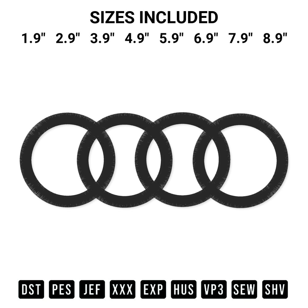 Transform your fabrics with the Audi Embroidery Design embroidery design. Instant access to premium digitized patterns at Designspacks.com. Available sizes: 1.9", 2.9", 3.9", 4.9", 5.9", 6.9", 7.9", 8.9".